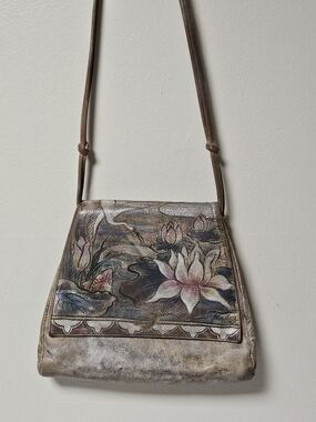 Vintage Jane Yoo Hand Painted Leather Koi Lotus Crossbody Purse Wearable Art